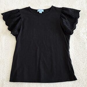 CeCe Short Sleeve Top Size S Black Eyelet Flutter Sleeve Crewneck T-Shirt